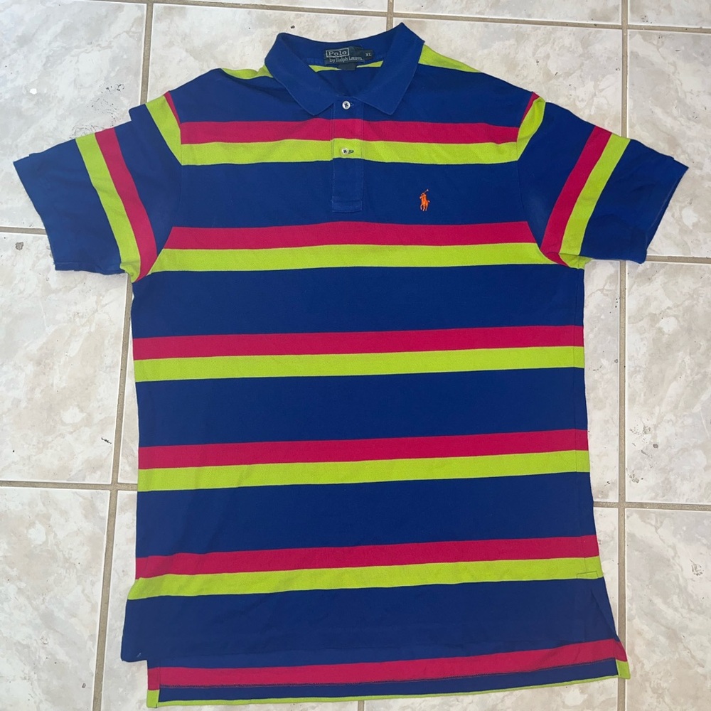 Polo Ralph Lauren Shirt Mens XL Multicolor  Striped Pullover Blue Green Pink